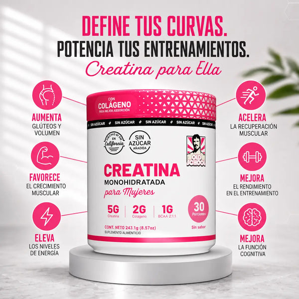 Detalle del polvo de creatina monohidratada pura del tarro Aura Prime de 240 gramos