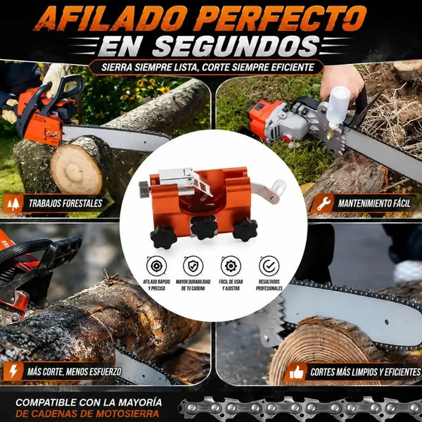 Manos de trabajador rural girando la manivela del afilador para afilar el diente de la cadena sin desmontarla