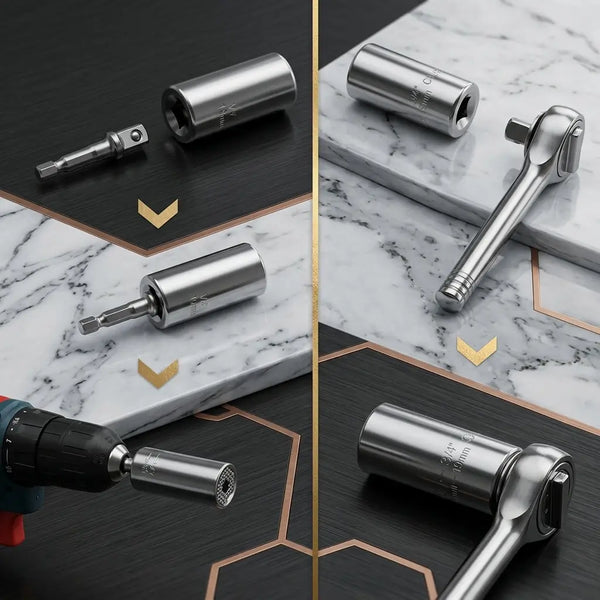 Kit de 3 piezas: copa universal, maneral tipo ratchet y adaptador para taladro sobre mesa de taller