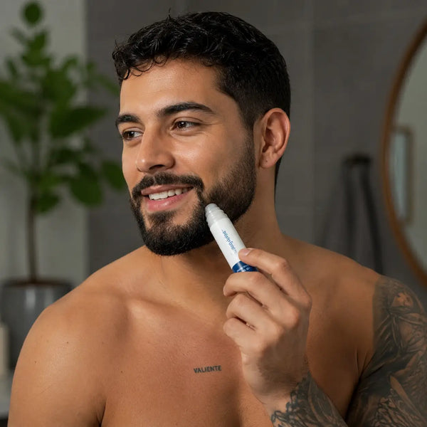 Detalle del aplicador roll-on de 25 ml con 3% de Redensyl para barba y cabello