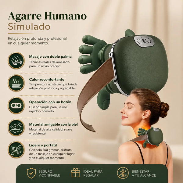 Detalle de los nodos biomiméticos en forma de manos del masajeador de cuello con calor