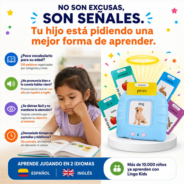 Lector de tarjetas parlantes bilingües con sus 112 tarjetas didácticas de colores sobre la mesa