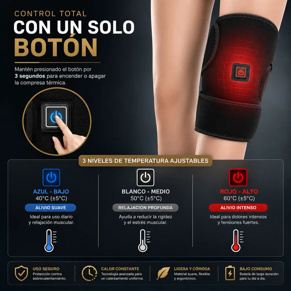 Panel de control de la rodillera con los dos botones LED encendidos, calor y vibración
