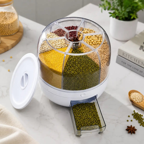 Mujer girando el dispensador 360° para servir arroz sin destapar bolsas
