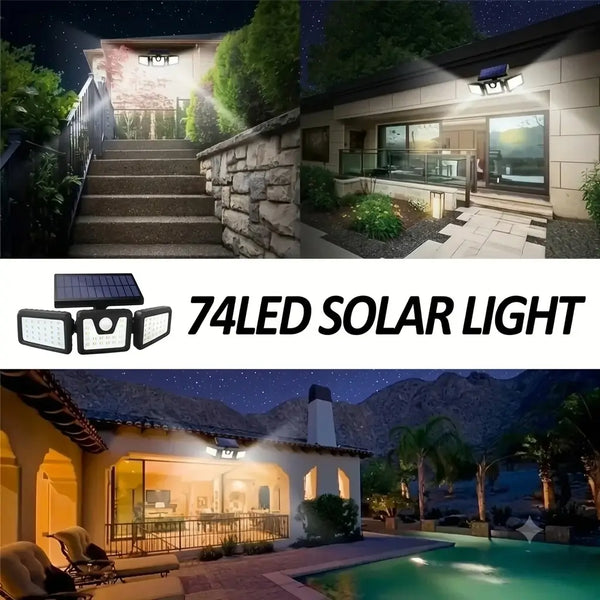 Foco solar con sensor de movimiento encendido iluminando la entrada de un garaje a oscuras