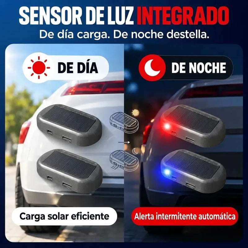 Antes: carro parqueado de noche sin ninguna luz / Después: el mismo carro con la luz de seguridad titilando en el tablero