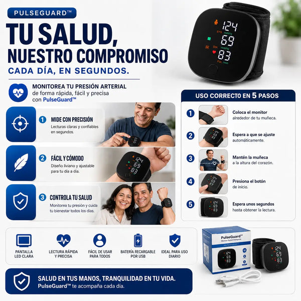 Señora mayor pulsando el único botón del tensiómetro sentada en el sofá de su casa en Bogotá