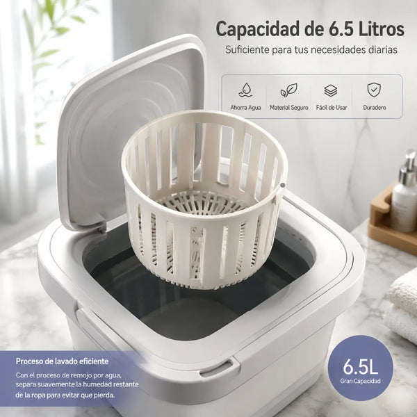 Mini lavadora plegable guardada en un rincón pequeño de un cuarto arrendado