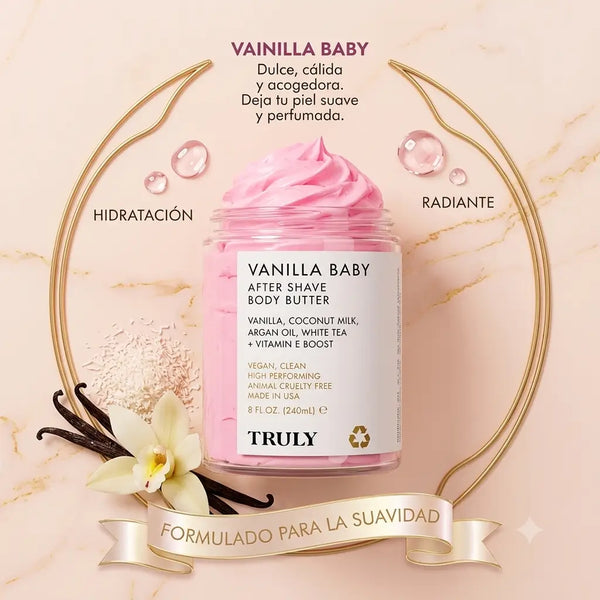 Los cuatro aromas de la crema Truly: Coco Cloud, Vainilla Baby, Soft Serve y Glazed Donut en fila