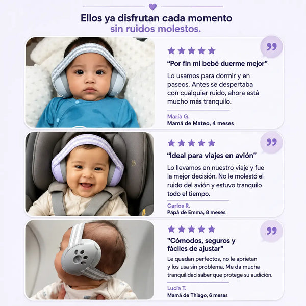 Mamá poniéndole las orejeras antiruido a su bebé antes de una fiesta familiar