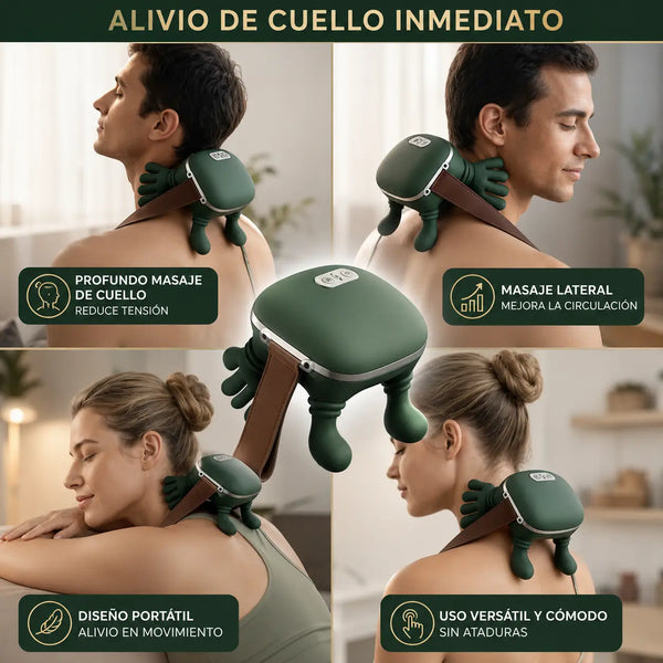 Masajeador cervical inalámbrico cargándose por cable USB-C sobre un escritorio