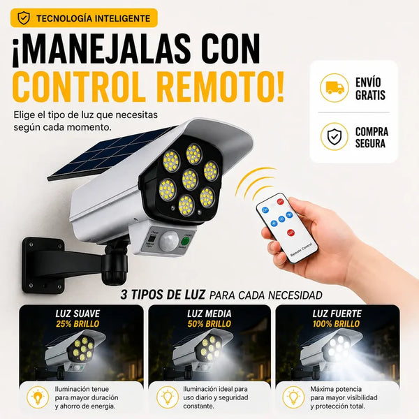 Detalle del panel solar integrado y los 77 LEDs de la lámpara de seguridad