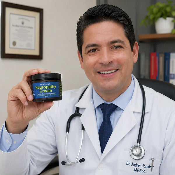 Manos aplicando crema Migrastil entre los dedos de los pies en la noche