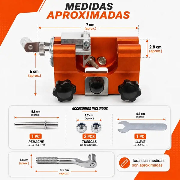 Kit completo con las 5 cabezas de lima intercambiables y las perillas de ajuste del afilador de cadena