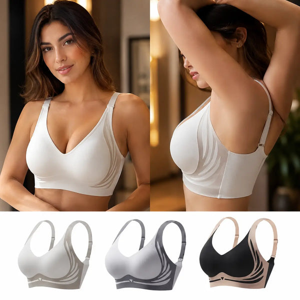 Brasier seamless invisible bajo camiseta blanca ajustada sin marcar costuras