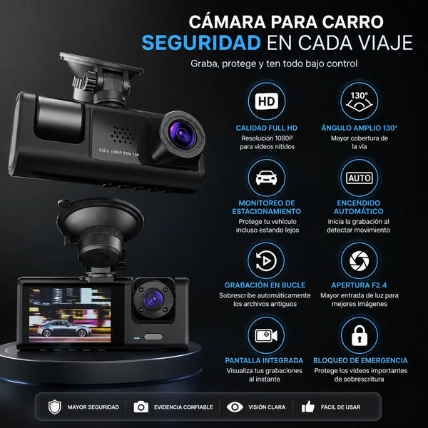 Pantalla LCD de la dashcam mostrando la grabación de la vía mientras el conductor maneja