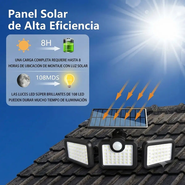 Detalle de los 3 cabezales ajustables del reflector solar girando hasta 120 grados de forma independiente