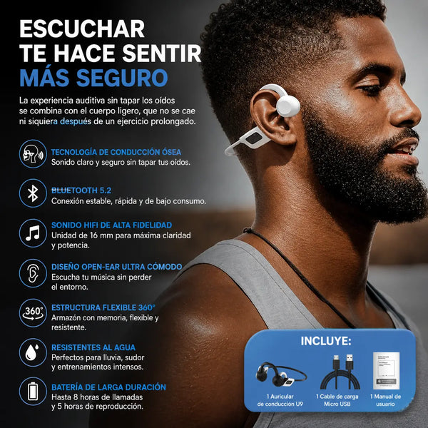 Detalle de las almohadillas de conducción ósea apoyadas sobre el pómulo, sin entrar al oído