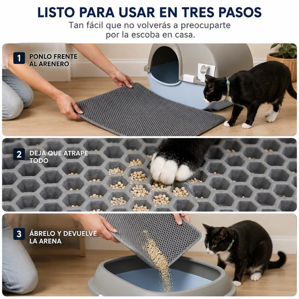 Gato saliendo del arenero y pisando el tapete mientras los granos de arena caen por los huecos