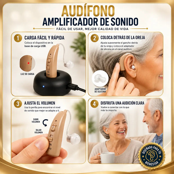 Detalle del tubo transparente que sigue el contorno de la oreja y de la ruedita de volumen ajustable