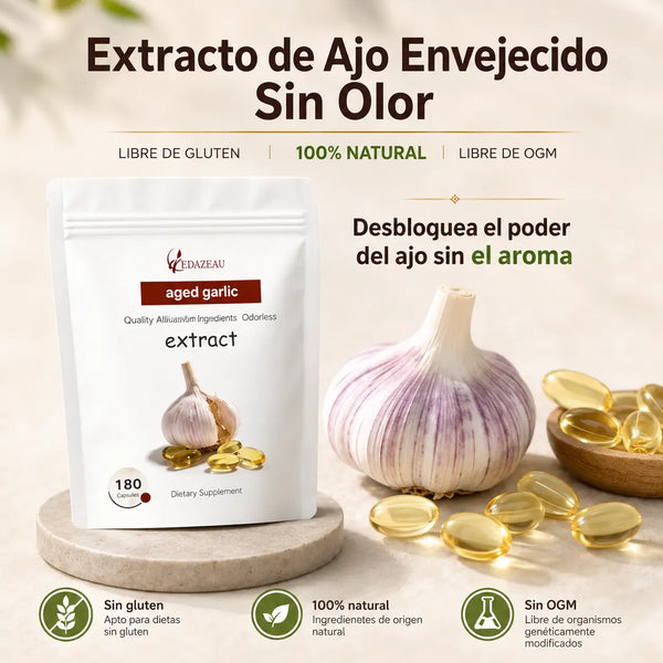 Softgels ovaladas transparentes con aceite dorado de ajo añejado 24 meses