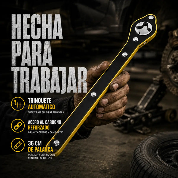 Hombre encajando el cuadrante de 2.5 cm de la llave rachet en el tornillo de su gato tijera