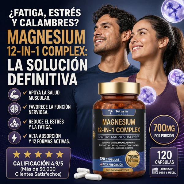 Etiqueta con los 12 tipos de magnesio y 700 mg por porción