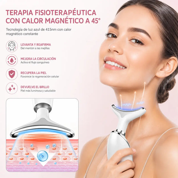 Detalle de los tres modos de luz del masajeador facial: verde, roja y azul