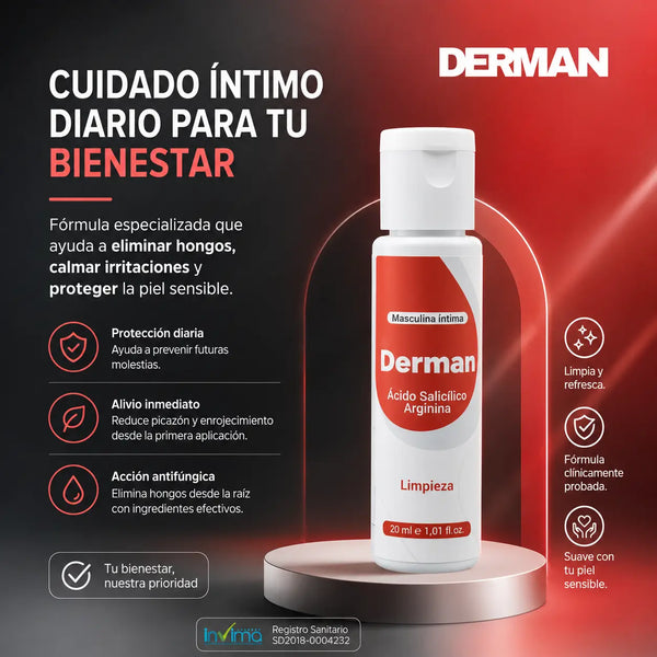 Empaque de Derman con el Registro INVIMA NSOC36162-24CO y los ingredientes clave a la vista