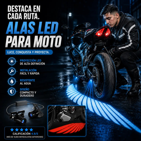 Motociclista rodando de noche con las alas de luz visibles alrededor de la moto