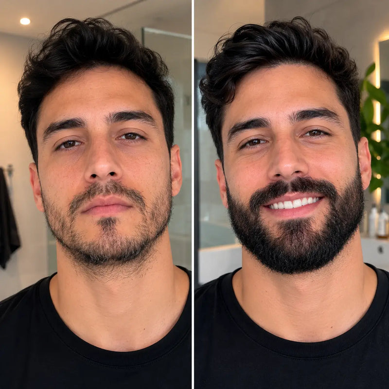 Antes: barba despareja con parches y entradas abiertas / Después: barba más tupida y llena