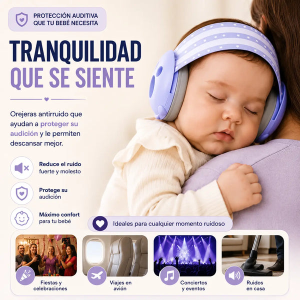 Bebé durmiendo tranquilo con orejeras antiruido en un lugar ruidoso