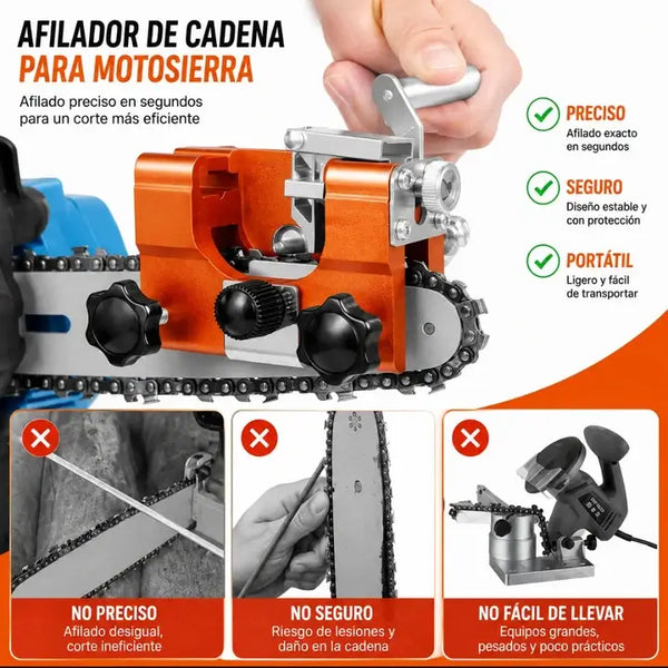 Afilador de cadena acoplado a un taladro eléctrico para afilar la motosierra más rápido