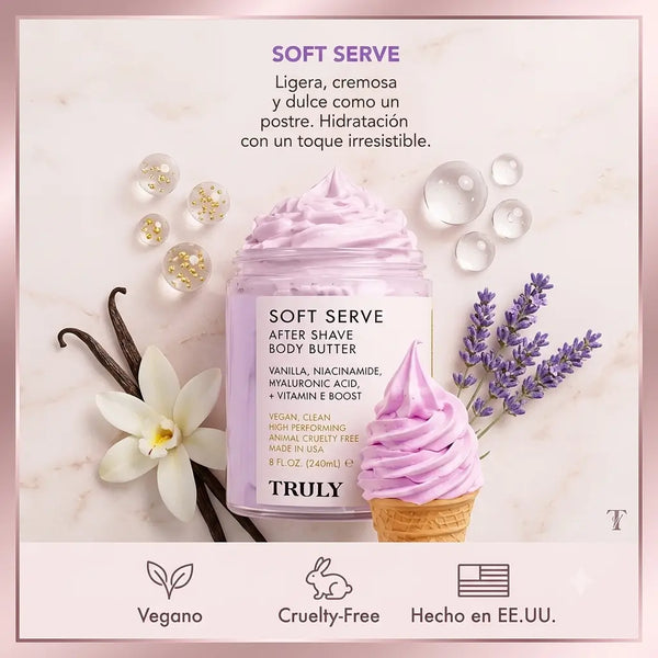 Mujer joven aplicándose crema Truly en la piel suave de la pierna tras depilarse