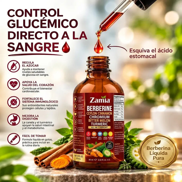Etiqueta del frasco con los cinco ingredientes: berberina, canela de Ceilán, cromo, melón amargo y cúrcuma