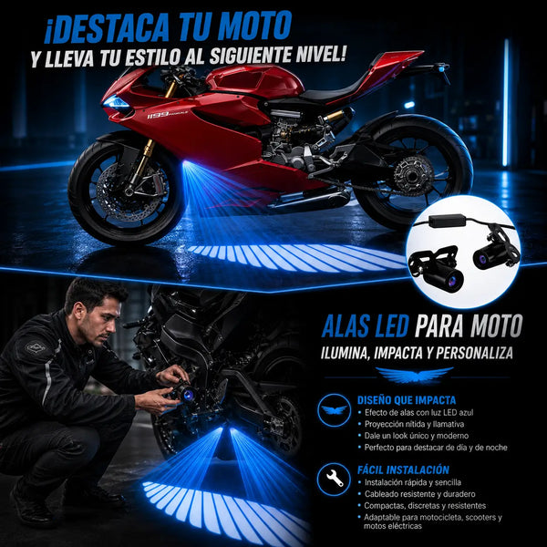 Detalle del efecto alas blancas proyectado en el piso junto a la moto parqueada