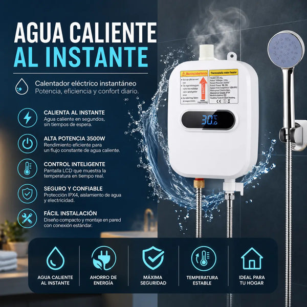 Mano bajo el chorro de la ducha eléctrica LED con agua caliente saliendo al instante en un baño de apartamento en Colombia