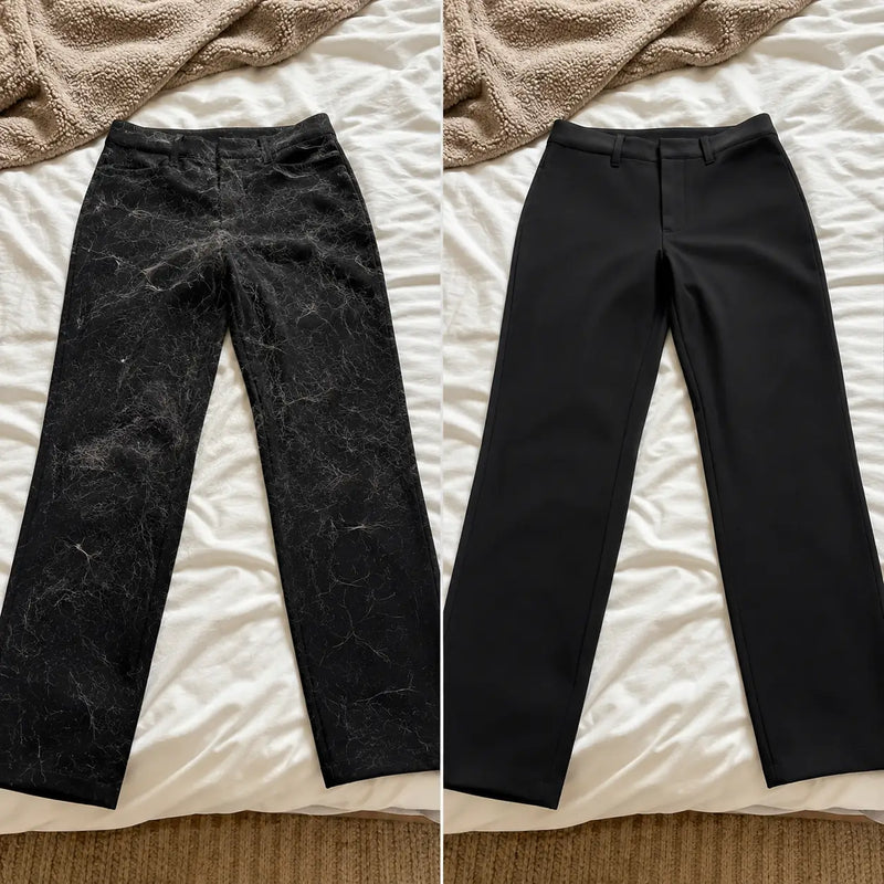 Antes: blusa negra cubierta de pelo de gato / Después: blusa limpia tras un pase del guante