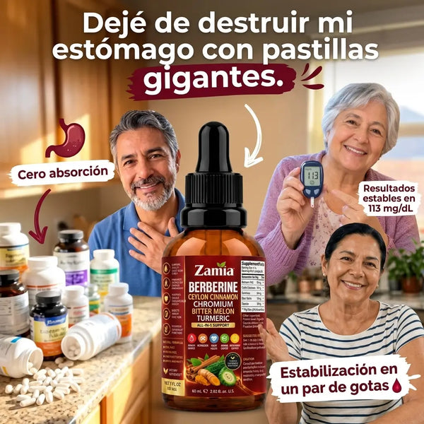 Frasco de 60 mL de Berbalance junto al vaso de agua de la mañana