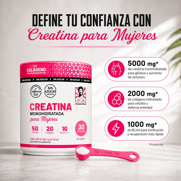 Mujer haciendo sentadillas en el gimnasio con el tarro de Creatina para Glúteos al lado