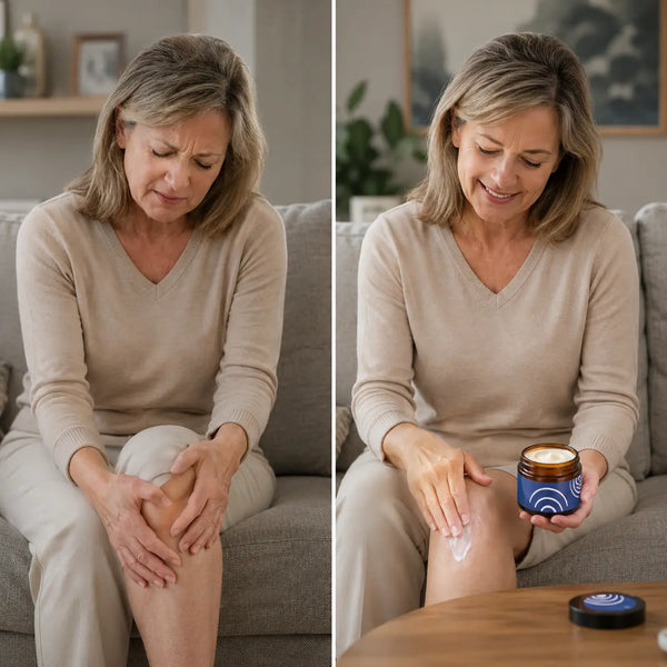 Persona mayor descansando tranquila en cama tras aplicar crema Migrastil en las piernas
