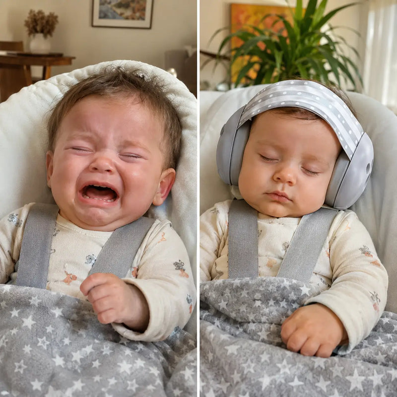 Antes: bebé llorando por el ruido de una fiesta. Después: bebé tranquilo con orejeras antiruido puestas