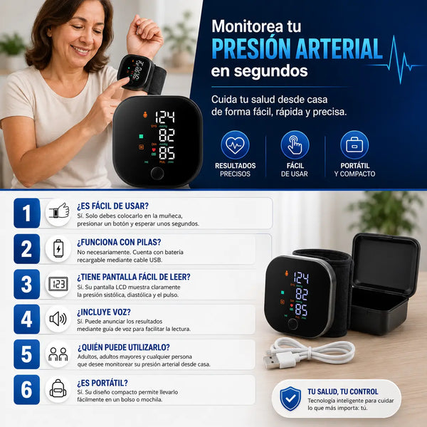 Estuche rígido negro abierto con el tensiómetro de muñeca y el cable de carga adentro