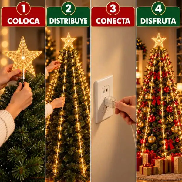 Tapete navideño de regalo cubriendo la base del árbol y los cables