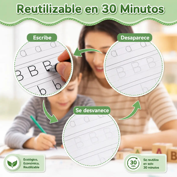 Mano de niña con el adaptador ergonómico de silicona puesto en el bolígrafo para agarrarlo bien