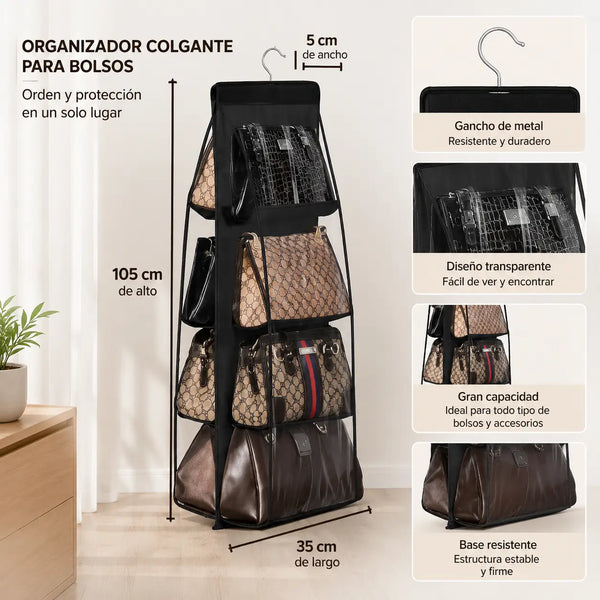 Organizador de bolsos en color gris colgado detrás de la puerta de una habitación
