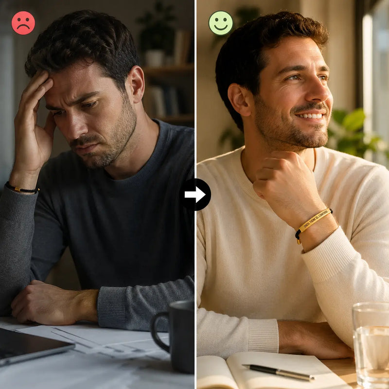 Antes: una mujer sin saber qué decirle a su hermano / Después: los dos con la misma pulsera puesta