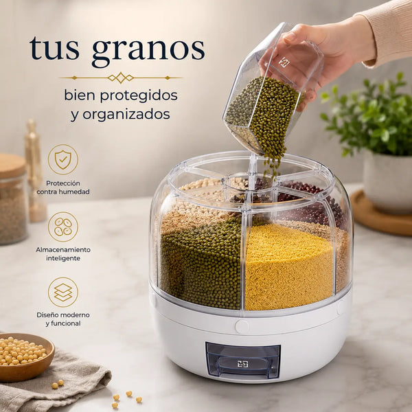 Dispensador blanco ordenando la alacena junto a otros alimentos de la cocina