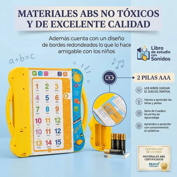 Niño cargando el libro interactivo por el asa, con los botones de música en el lomo