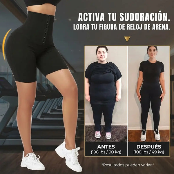Short moldeador negro debajo del jean: el abdomen bajo se ve liso y sin marcas